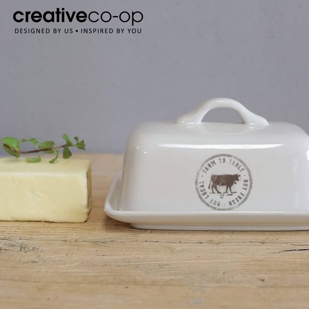 Creative Co-Op White Ceramic Butter Dish with Cow Design